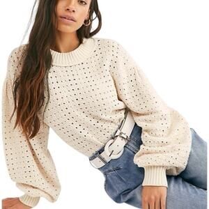 Free People Cream Eyelet Knit Balloon Sleeve Sweater - Large
